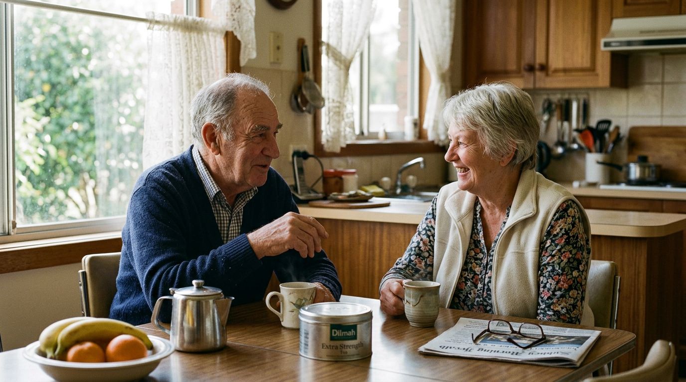 Elderly people sharing tea and stories at home